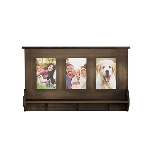 Lavish Home Rustic Wood Look, Wall Shelf Collage with Ledge and 3 Hanging Hooks-Photo Frame Décor Shelving, Holds 4x6 Pictures, 19” x 3.5” x 11.5