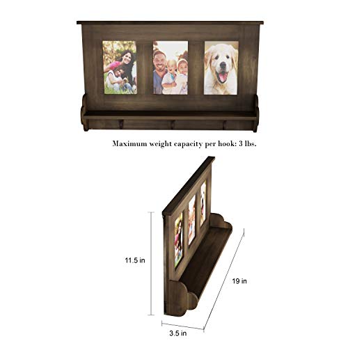 Lavish Home Rustic Wood Look, Wall Shelf Collage with Ledge and 3 Hanging Hooks-Photo Frame Décor Shelving, Holds 4x6 Pictures, 19” x 3.5” x 11.5