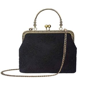 rejolly women vintage kiss lock evening purse top handle handbag lace crossbody shoulder clutch bag with chain strap black