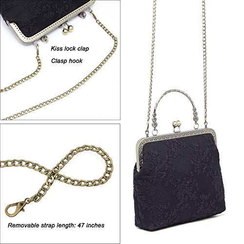 Rejolly Women Vintage Kiss Lock Evening Purse Top Handle Handbag Lace Crossbody Shoulder Clutch Bag with Chain Strap Black