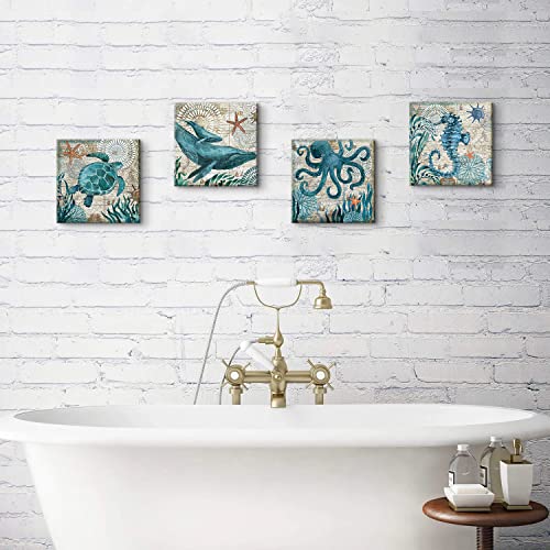 Beach Bathroom Decor Wall Art Ocean Decor Nautical Sea Turtle Wall Art Bathroom Pictures Coastal Octopus Canvas Painting Teal Bathroom Accessories Bedroom Kitchen Art Home Decorations 12x12" 4 Pcs/Set