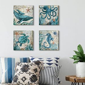 Beach Bathroom Decor Wall Art Ocean Decor Nautical Sea Turtle Wall Art Bathroom Pictures Coastal Octopus Canvas Painting Teal Bathroom Accessories Bedroom Kitchen Art Home Decorations 12x12" 4 Pcs/Set