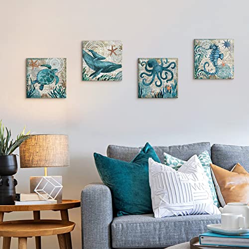 Beach Bathroom Decor Wall Art Ocean Decor Nautical Sea Turtle Wall Art Bathroom Pictures Coastal Octopus Canvas Painting Teal Bathroom Accessories Bedroom Kitchen Art Home Decorations 12x12" 4 Pcs/Set