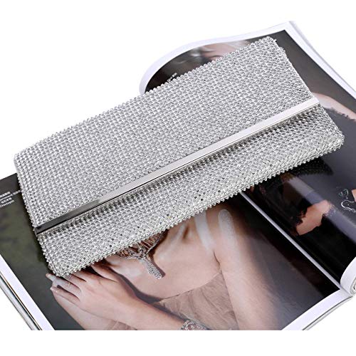 Tanpell Women's Soft Rhinestone Crystal Evening Clutch Bags Bling Purse with Detachable Chain for Prom Party Silver