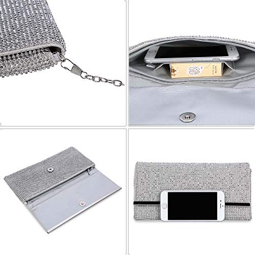 Tanpell Women's Soft Rhinestone Crystal Evening Clutch Bags Bling Purse with Detachable Chain for Prom Party Silver