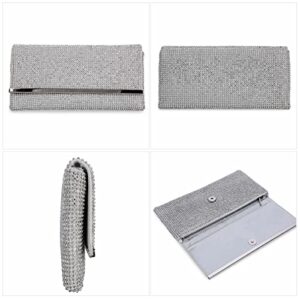 Tanpell Women's Soft Rhinestone Crystal Evening Clutch Bags Bling Purse with Detachable Chain for Prom Party Silver