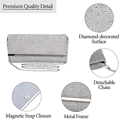 Tanpell Women's Soft Rhinestone Crystal Evening Clutch Bags Bling Purse with Detachable Chain for Prom Party Silver