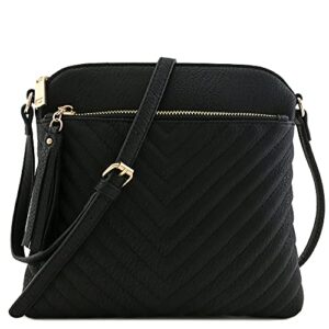 fashionpuzzle chevron quilted medium crossbody bag with tassel accent (black)