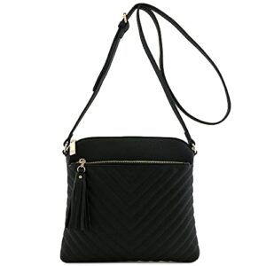 FashionPuzzle Chevron Quilted Medium Crossbody Bag with Tassel Accent (Black)