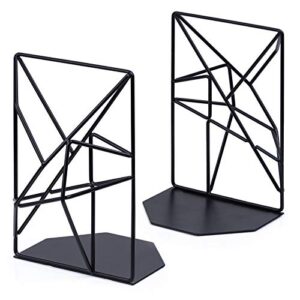 sriwatana bookends black, decorative metal book ends supports for shelves, unique geometric design(1 pair/2 pieces)