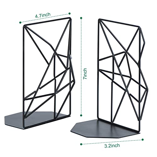 SRIWATANA Bookends Black, Decorative Metal Book Ends Supports for Shelves, Unique Geometric Design(1 Pair/2 Pieces)