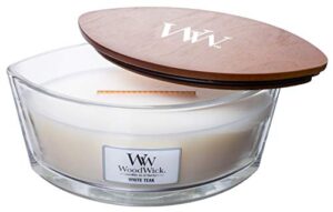 woodwick ww white teak, highly scented candle, ellipse glass jar original hearthwick flame, large 7 inches, 16 oz