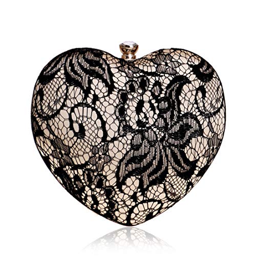 Womens Lace Evening Bag Party Clutch Purse Elegant Heart Shape Wedding Handbag Black