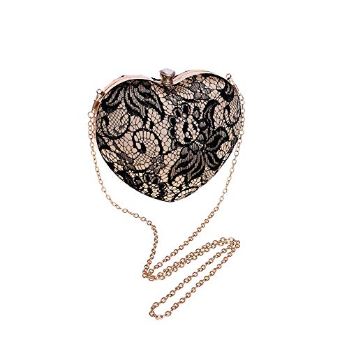 Womens Lace Evening Bag Party Clutch Purse Elegant Heart Shape Wedding Handbag Black