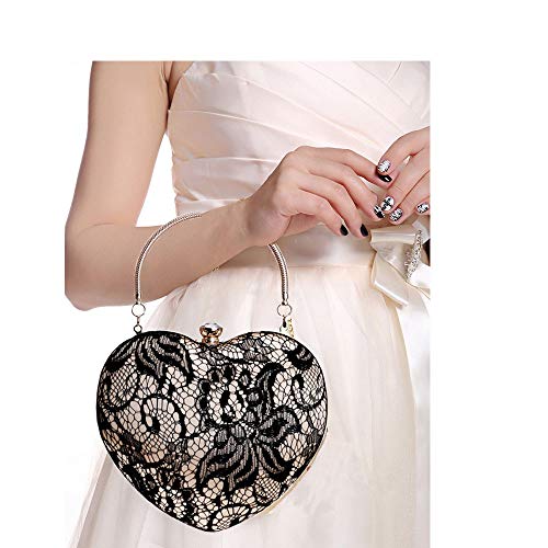 Womens Lace Evening Bag Party Clutch Purse Elegant Heart Shape Wedding Handbag Black