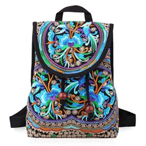 mazexy handmade embroidered backpack for women, boho shoulder bag vintage ethnic flower cross-body bag (blue)