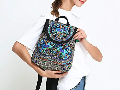 MAZEXY Handmade Embroidered Backpack for Women, Boho Shoulder Bag Vintage Ethnic Flower Cross-body Bag (Blue)