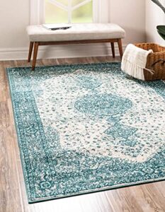 unique loom bromley collection vintage, medallion, country, traditional, border area rug, 8 ft x 10 ft, turquoise/ivory