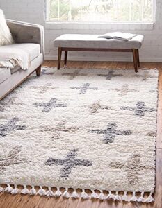 unique loom hygge shag collection modern moroccan inspired, geometric design, plush & cozy area rug, 2′ 2″ x 3′ 0″, ivory/tan