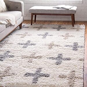 Unique Loom Hygge Shag Collection Modern Moroccan Inspired, Geometric Design, Plush & Cozy Area Rug, 2' 2" x 3' 0", Ivory/Tan