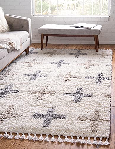 Unique Loom Hygge Shag Collection Modern Moroccan Inspired, Geometric Design, Plush & Cozy Area Rug, 2' 2" x 3' 0", Ivory/Tan