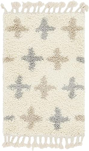 Unique Loom Hygge Shag Collection Modern Moroccan Inspired, Geometric Design, Plush & Cozy Area Rug, 2' 2" x 3' 0", Ivory/Tan