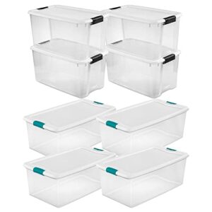 sterilite storage system solution with 106 quart clear latching storage tote, 4 pack and 66 quart plastic stackable storage tote, 6 pack