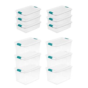 sterilite multi pack 64 quart & 32 quart plastic stacking storage container box with latching lid for home, office, or garage organization, 12 pack