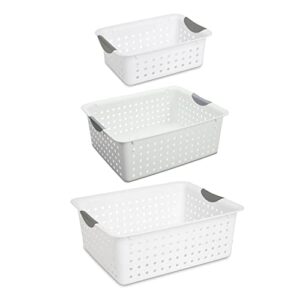 sterilite set of ultra plastic storage baskets with handles including 12 small, 12 medium, and 6 large containers for home organization, 30 count