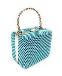 xx-small clutch metal beaded mesh evening box purse for cocktail party prom wedding banquet (matt-blue)