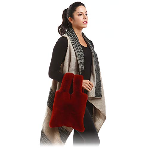 Me Plus Soft Faux Fur Pull Through Strap Slouchy Wrist Fashion Tote Bag (Burgundy)