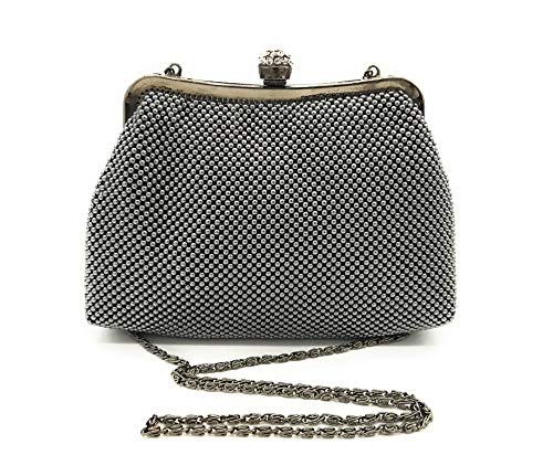 Women clutch small metal beaded mesh evening purse bag for Cocktail Party Prom Wedding Banquet (Gun Metal)