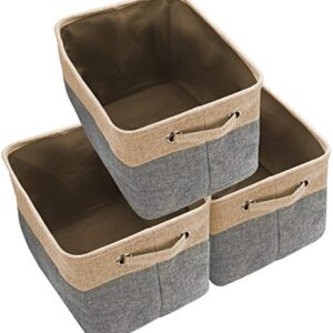 Awekris Foldable Storage Bin Basket Set [3-Pack] Canvas Fabric Collapsible Organizer With Handles Storage Cube Box For Home Office Closet, Grey/Tan (Grey)