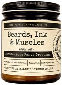 malicious women candle co – beards, ink & muscles, oakmoss & amber infused with spontaneous panty dropping, all-natural soy candle, 9 oz