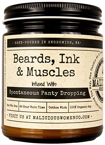 Malicious Women Candle Co - Beards, Ink & Muscles, Oakmoss & Amber Infused with Spontaneous Panty Dropping, All-Natural Soy Candle, 9 oz