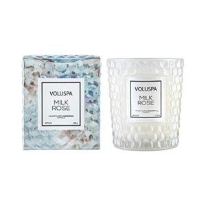 voluspa milk rose candle | classic textured glass | 6.5 oz. | 40 hour burn time | coconut wax and natural wicks for a cleaner burn | vegan | hand-poured in the usa