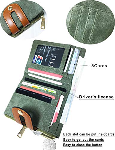 AOXONEL Women's Rfid Small Bifold Leather Wallet Ladies Mini Zipper Coin Purse id card Pocket,Slim Compact Thin (Green)