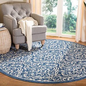 safavieh brentwood collection 6’7″ round navy / cream bnt810n damask non-shedding dining room entryway foyer living room bedroom area rug