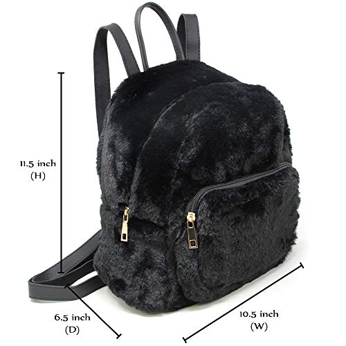 Me Plus Women's Soft Faux Fur Fuzzy Mini Backpack, Shoulder bag Purse, Schoolbag (Black)