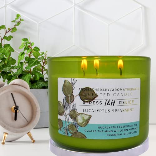 Stress Relief Aromatherapy Candles Eucalyptus Spearmint Scented Candle | 15.8 oz Soy Candles for Home | Decorative Candles Long Lasting 3 Wick Candle