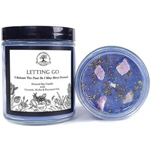 letting go affirmation candle | 9 oz natural soy wax with pink kunzite crystals, herbs & essential oils | negative feelings, heartache & old baggage | wiccan, pagan & magick rituals