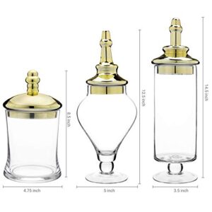 MyGift Set of 3 Antique Apothecary Style Glass Jars with Metallic Brass-Tone Lids