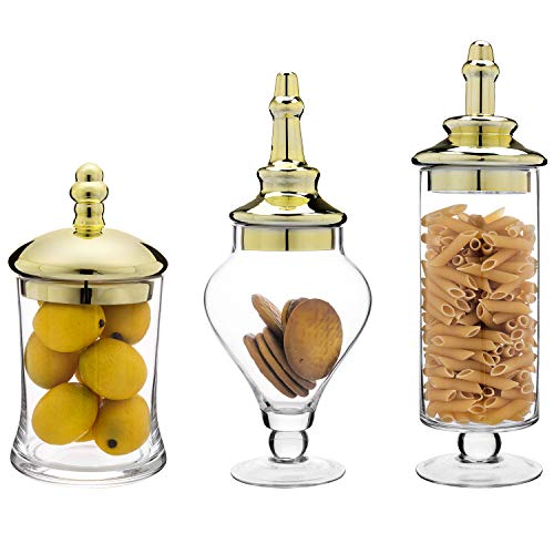 MyGift Set of 3 Antique Apothecary Style Glass Jars with Metallic Brass-Tone Lids