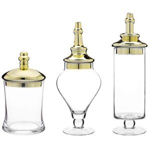 MyGift Set of 3 Antique Apothecary Style Glass Jars with Metallic Brass-Tone Lids