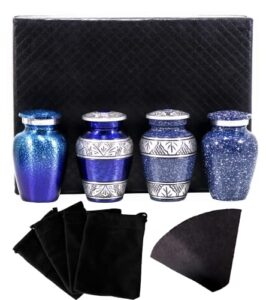 the ascent memorial blue small urns for human ashes female male | set of 4 premium mini keepsake urns with four velvet bags a paper funnel and a stunning magnet closer gift box