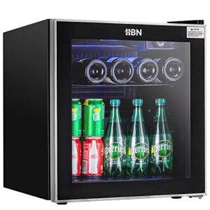 HBN Mini Beverage Refrigerator - 1.6Cu Ft/ 60 Can Beverage Cooler with Glass Door & Adjustable Shelves for Soda, Beer, Wine - Freestanding Beverage Fridge for Home, Bar, Office