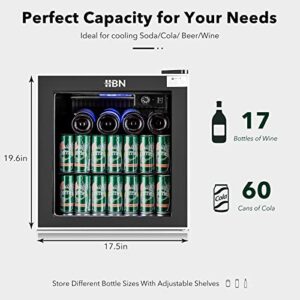 HBN Mini Beverage Refrigerator - 1.6Cu Ft/ 60 Can Beverage Cooler with Glass Door & Adjustable Shelves for Soda, Beer, Wine - Freestanding Beverage Fridge for Home, Bar, Office