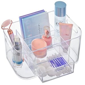 stori bliss 4-compartment plastic vanity organizer with small accessory drawer in clear | rectangular makeup, skincare, & cosmetic storage bin with pass-through handles | made in usa