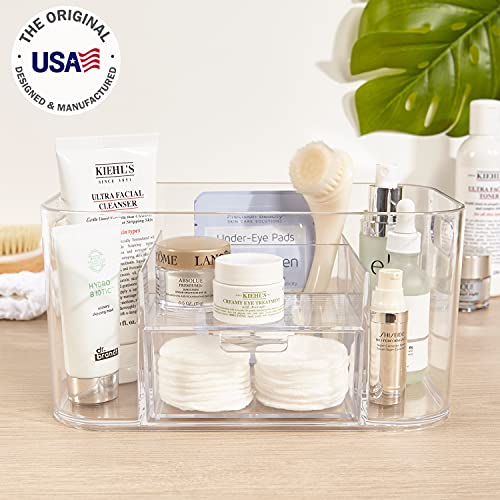 STORi Bliss 4-Compartment Plastic Vanity Organizer with Small Accessory Drawer in Clear | Rectangular Makeup, Skincare, & Cosmetic Storage Bin with Pass-Through Handles | Made in USA