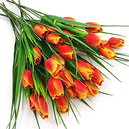 Guagb 8 Bundles Outdoor Artificial Tulips Fake Flowers UV Resistant Faux Plastic Greenery Shrubs Plants for Home Outside Garden Porch Window Farmhouse Decor (Orange)